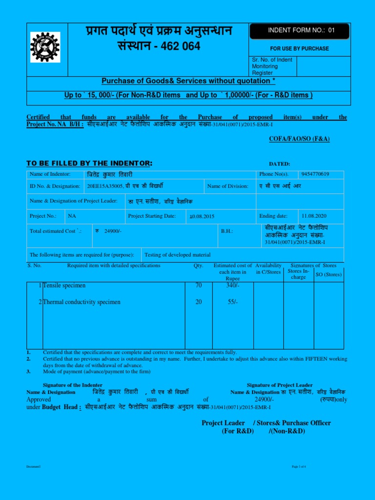 Purchase Indent Form for R&D Items | PDF | Invoice | Payments