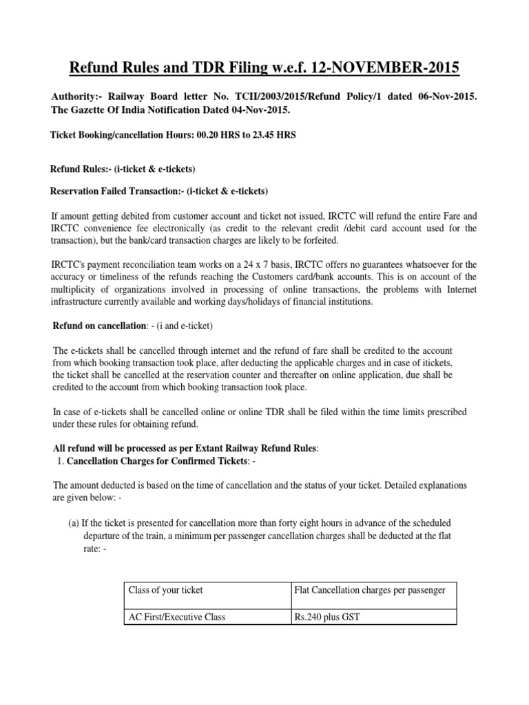 IRCTC Ticket Refund Rules PDF Financial Transaction Ticket