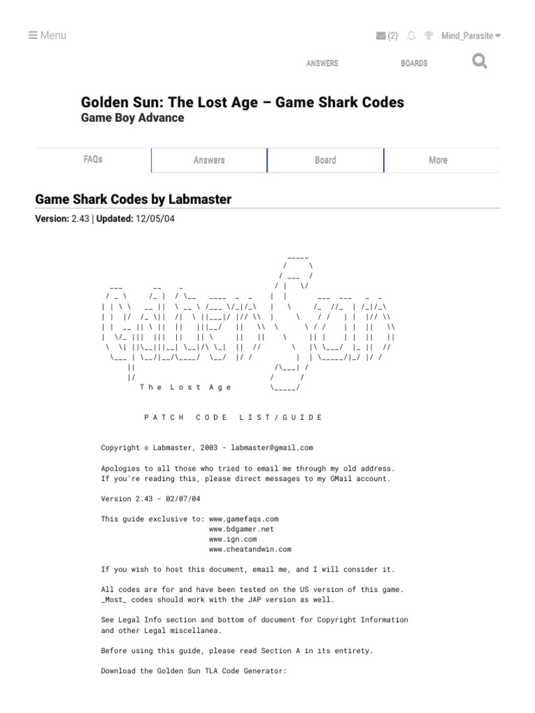 Golden Sun - The Lost Age Codes (GameFAQs) | PDF | Computing