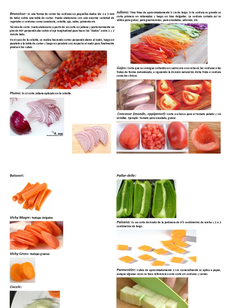 Los diez tipos más frecuentes de cortes para verduras, frutas y hortalizas