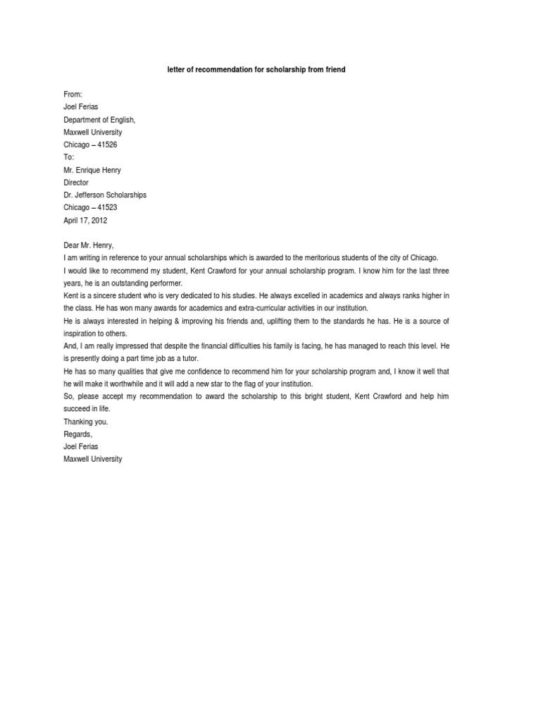Sample Recommendation Letter For Scholarship From Family Friend | PDF