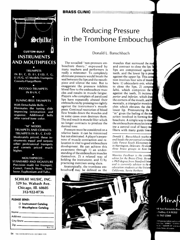 Reducing Pressure in The Trombone Embouchure PDF Aerophones Brass