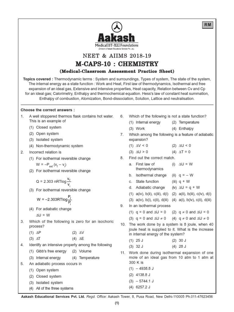 Neet Test Series Gases Enthalpy