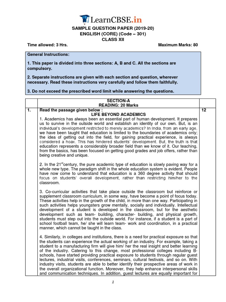 CBSE Sample Question Papers For Class 12 English Core 2020 PDF