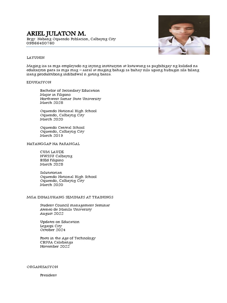 resume objective sample tagalog