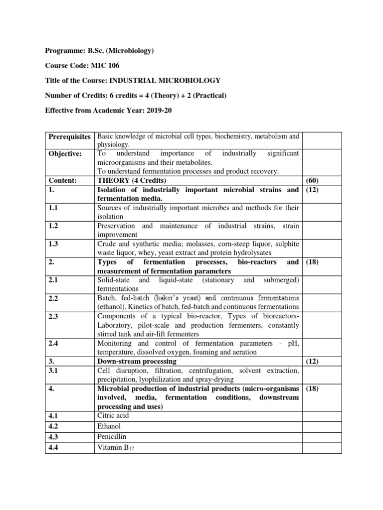 Industrial Microbiology SYLLABUS PDF Fermentation Biology