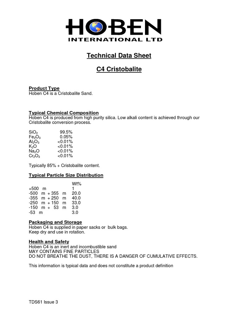 Hoben C4 Cristobalite Sand Data Sheet | PDF