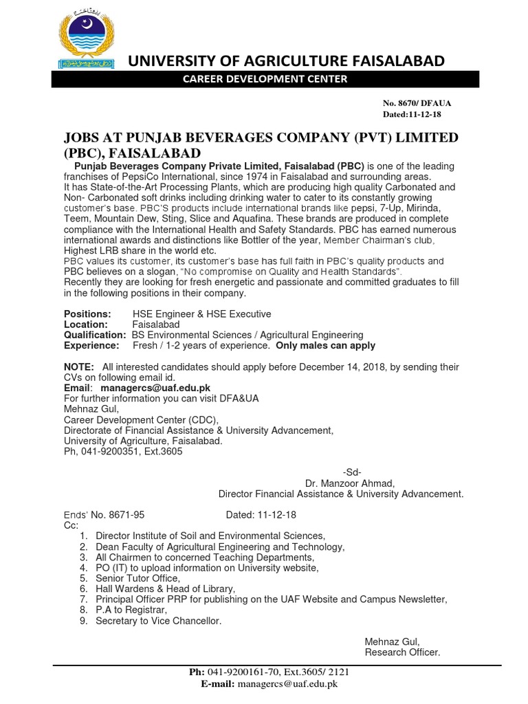 University of Agriculture Faisalabad Jobs at Punjab Beverages Company