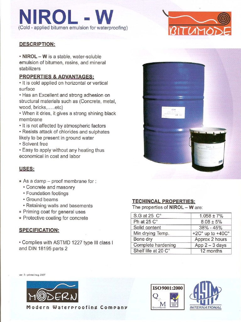 Nirol W. Cold Applied Bitumen Emulsion for Waterproofing