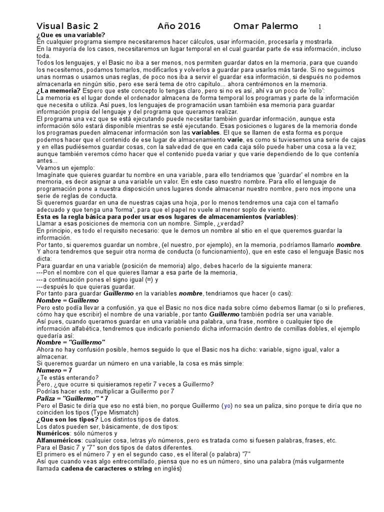 Introducción a Variables en Visual Basic | PDF | Básico | Lenguaje de ...