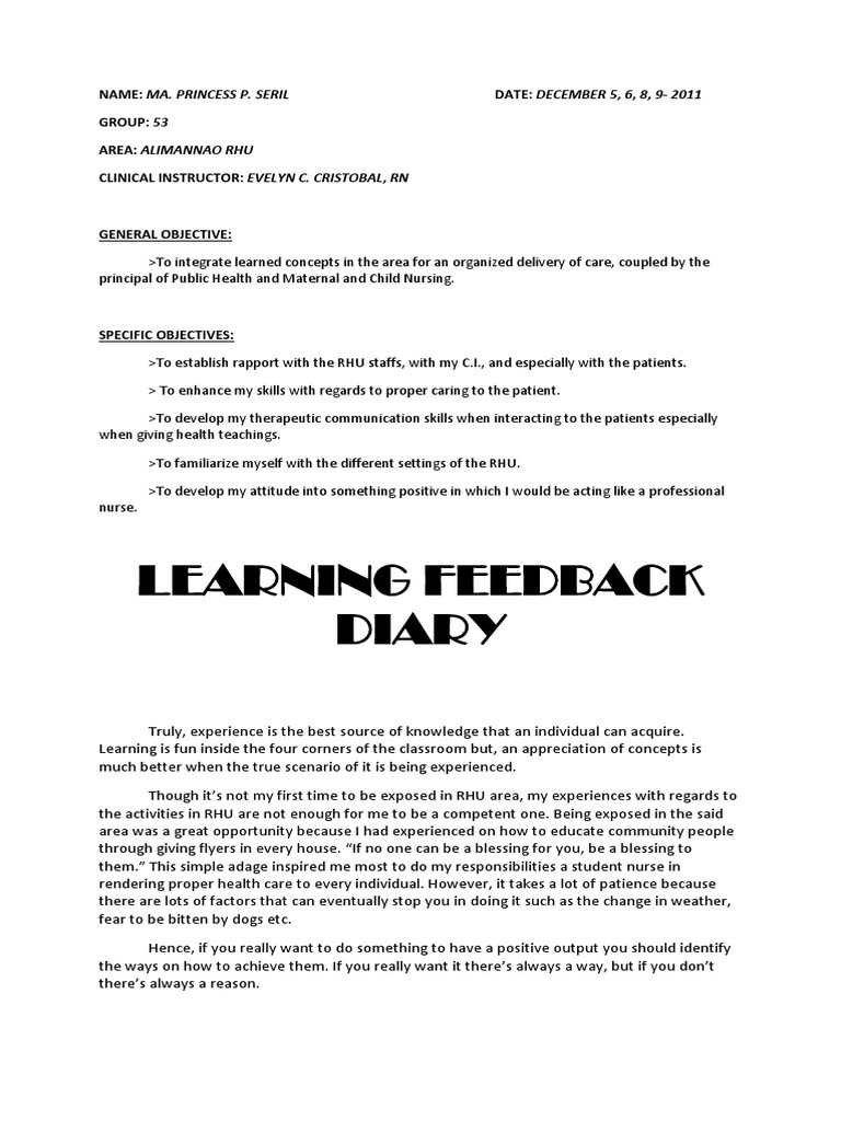 Learning feedback diary pdf wellness