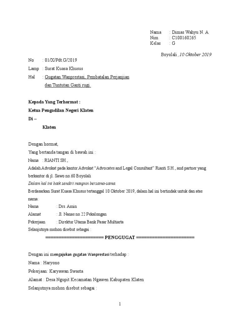 Gugatan Wanprestasi Dan Ganti Rugi Pdf