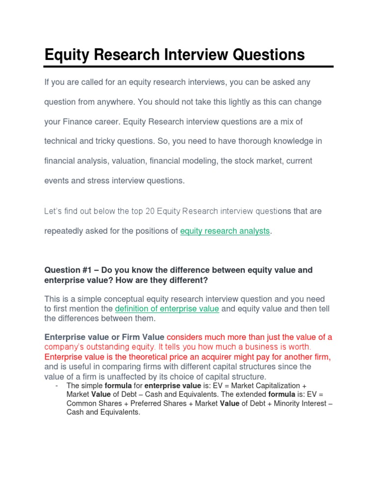 Top Equity Research Interview Questions | PDF | Equity (Finance ...