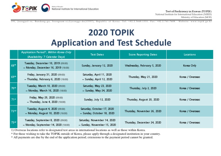 2020 TOPIK Test Schedule and Application Dates | PDF | Standardized ...