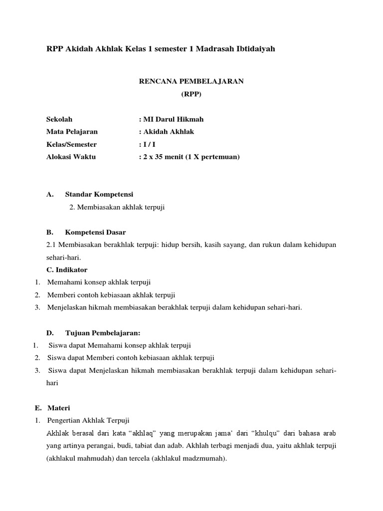 Rpp Akidah Akhlak Kelas 1 Semester 1 Madrasah Ibtidaiyah