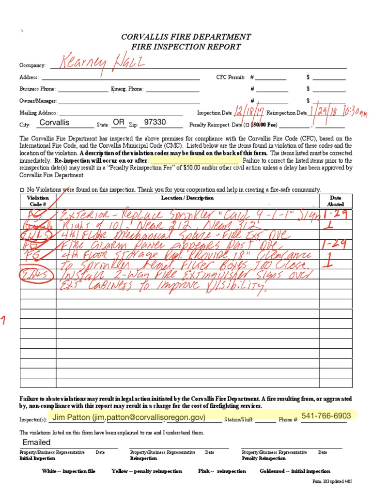 Corvallis Fire Department Fire Inspection Report | PDF | Fire Sprinkler ...