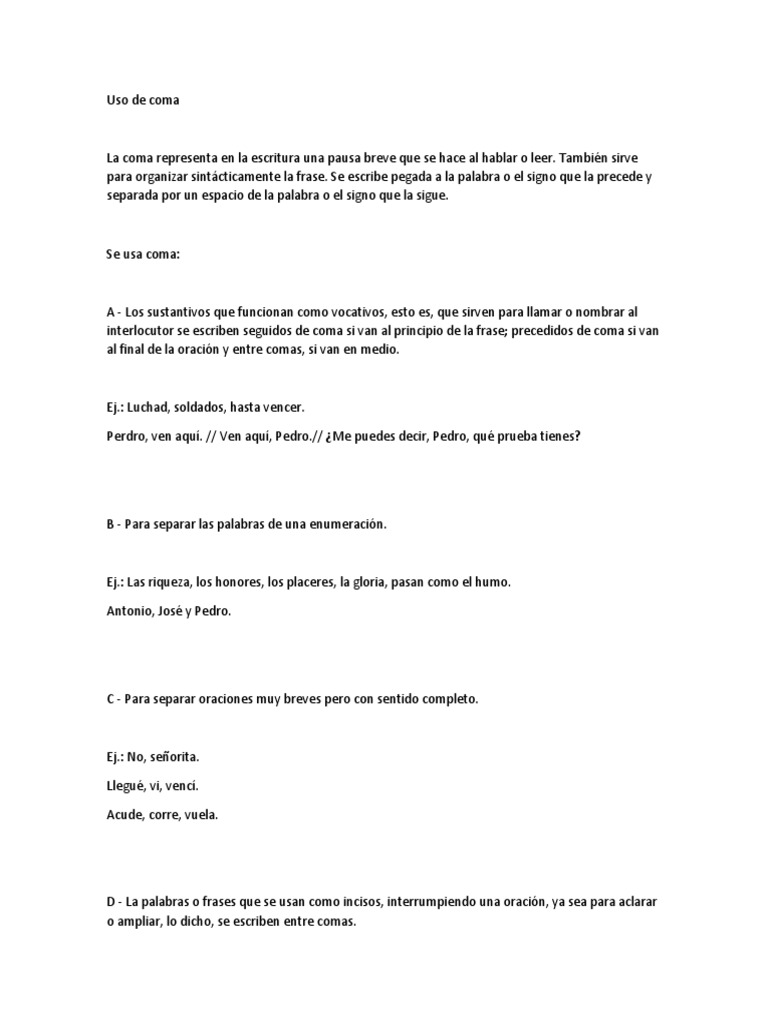 Reglas del uso de la coma en español | PDF | Artes del Lenguaje y ...