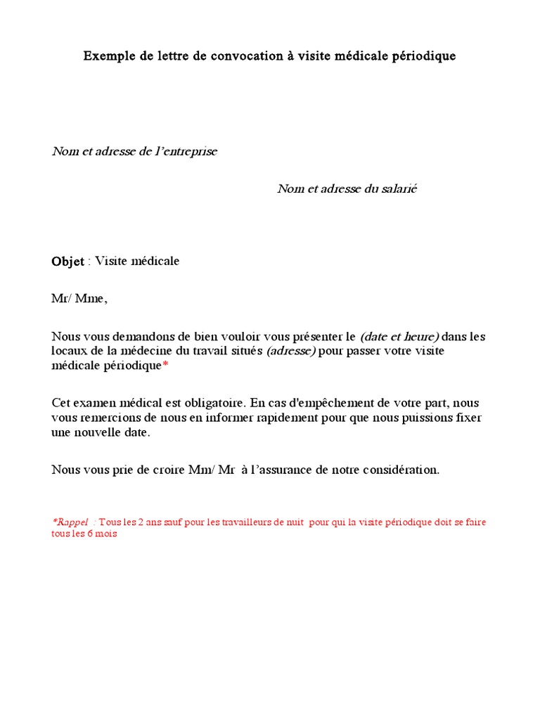 Modele convocation medecine du travail