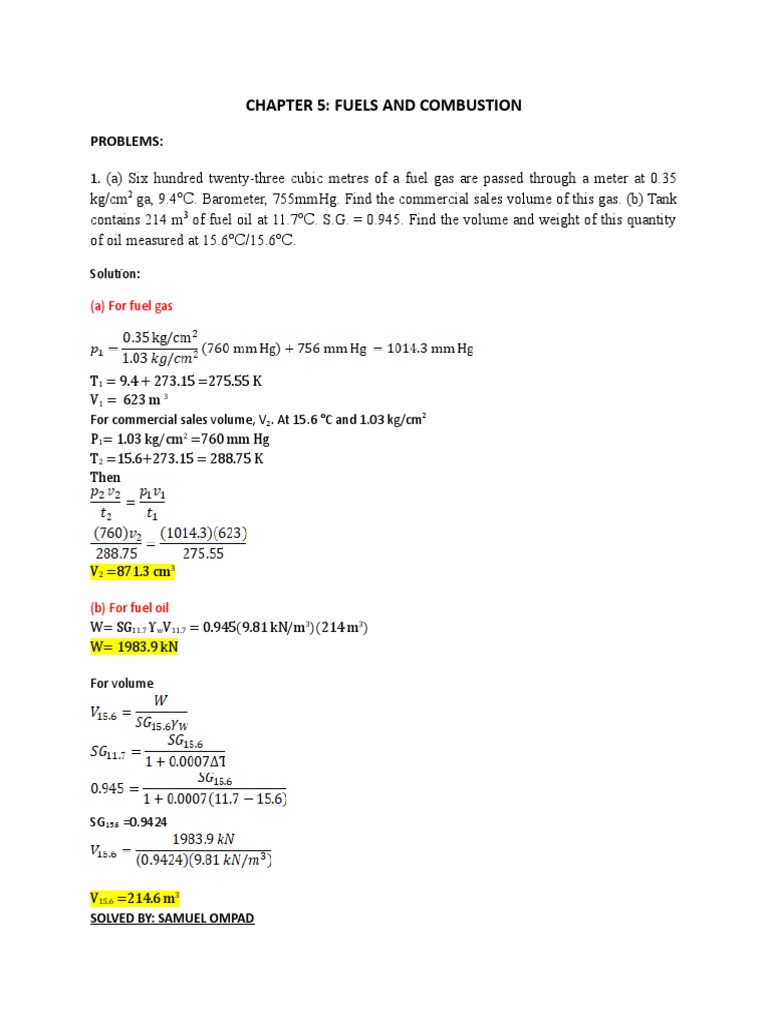 Chapter 5 Fuels and Combustion Problems PDF Combustion Coal