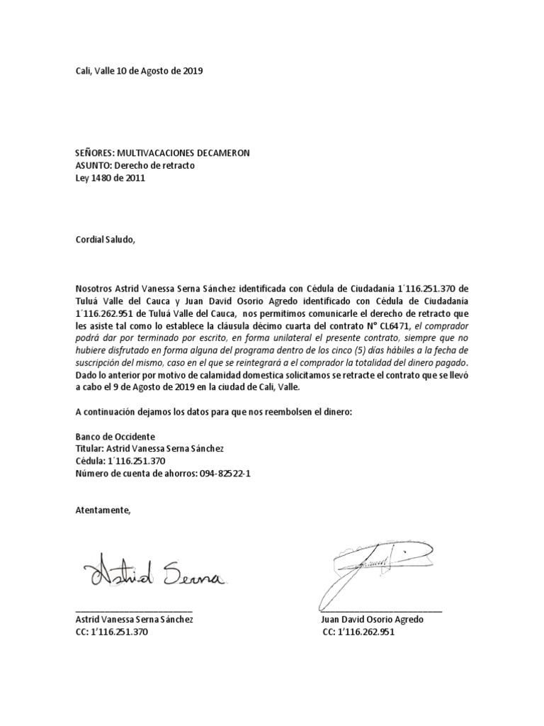 Carta Derecho Retracto Contrato Cl6471 Pdf