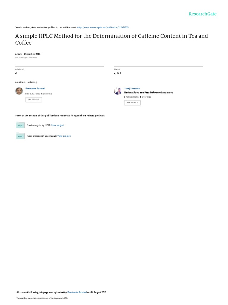 HPLC Method for Caffeine in Tea & Coffee | PDF | Caffeine | High ...