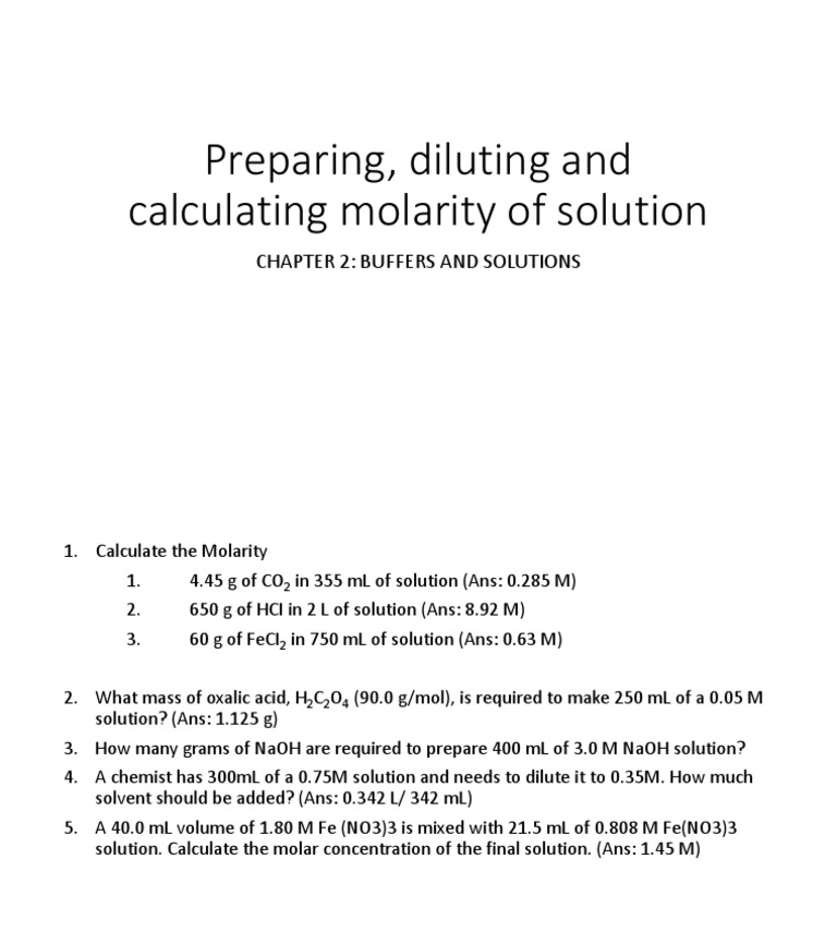 Preparing, Diluting and Calculating Molarity of Solution Chapter 2 Buffers and Solutions PDF