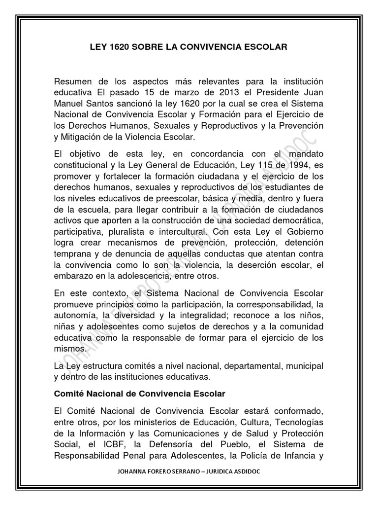 Aspectos Relevantes de La Ley 1620 Sobre La Convivencia Escolar PDF ...