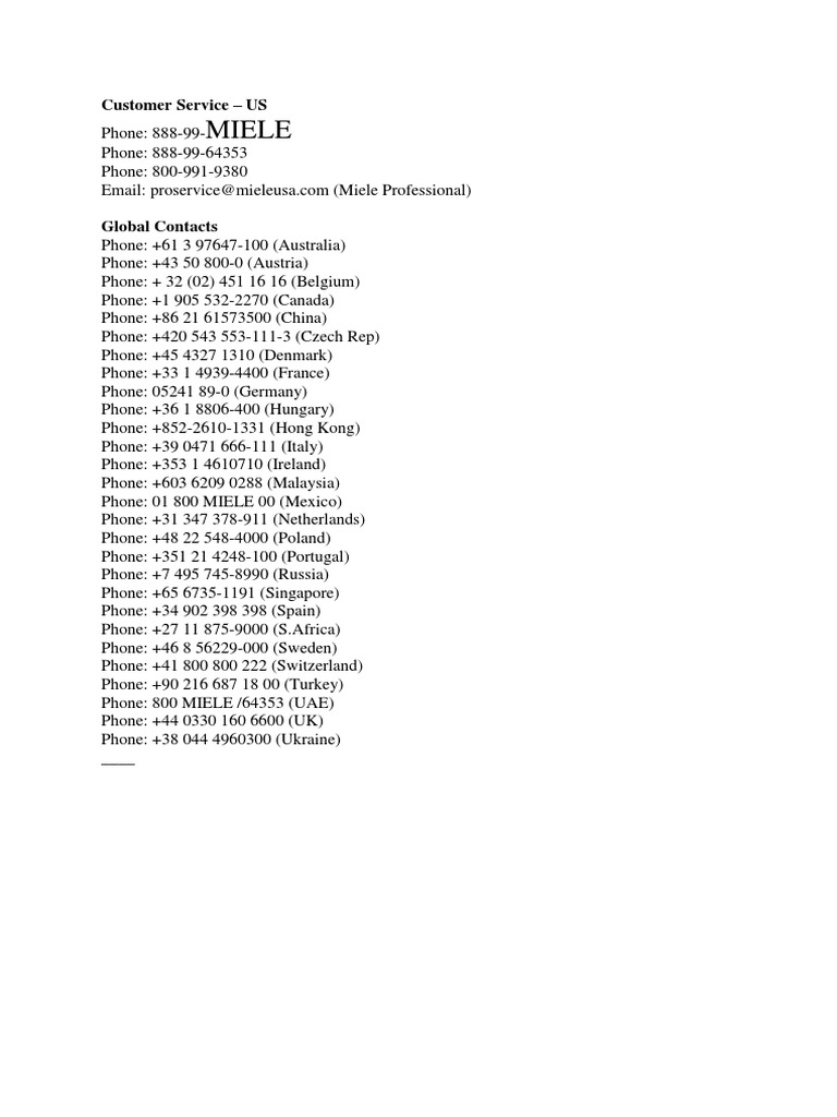 Miele Customer Service Numbers Worldwide PDF