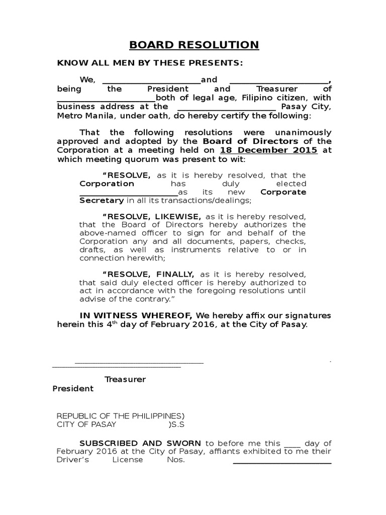 Board Resolution for Corporate Secretary | PDF