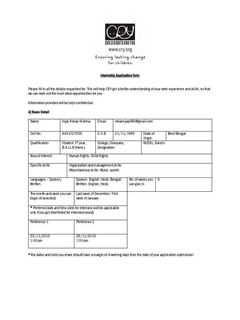 CRY Internship Application Overview | PDF | Child Labour | Employment