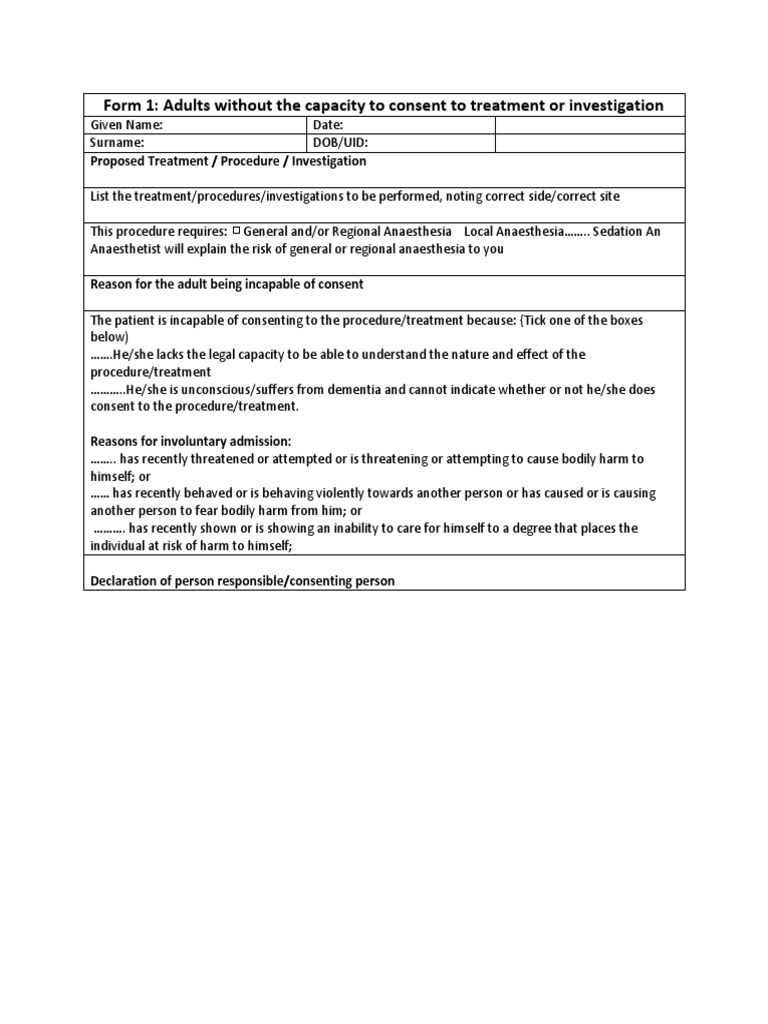 Form 1: Adults Without The Capacity To Consent To Treatment or ...