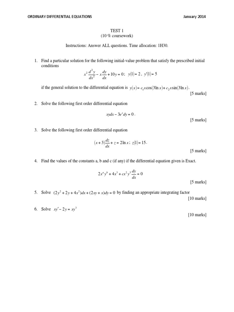 Ordinary Differential Equations Test 1 | PDF