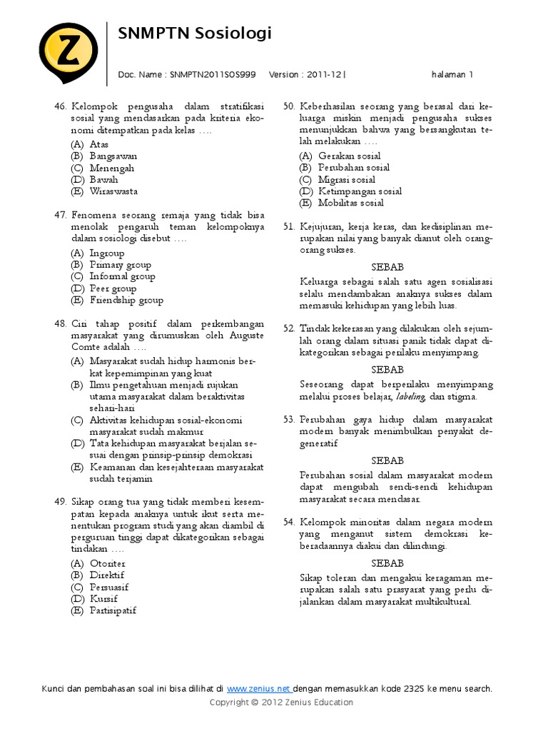 Snmptn sosiologi doc name snmptn2011sos999 version 2011 12