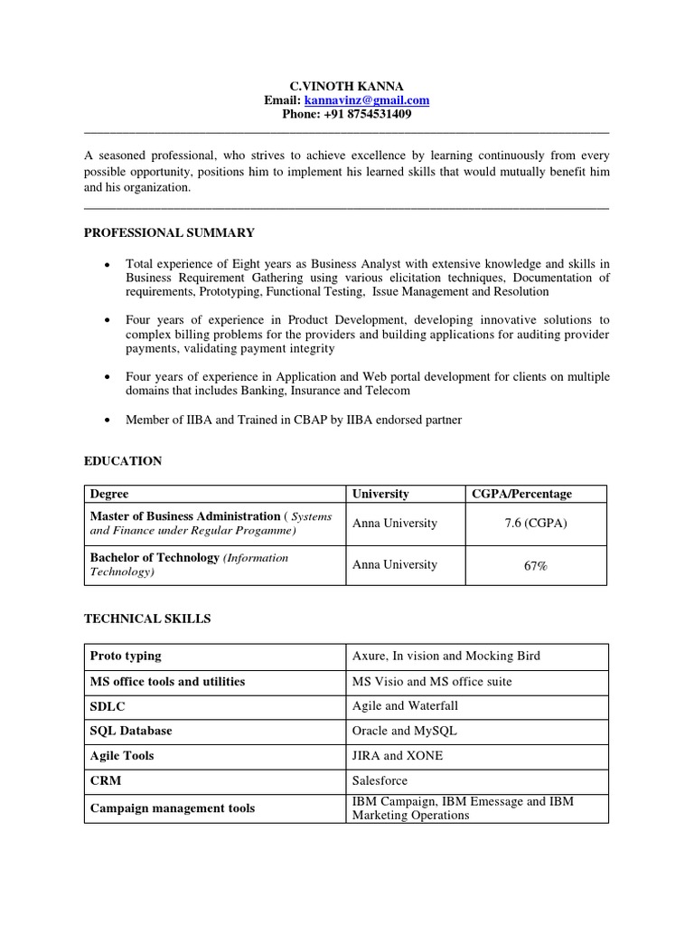 Vinoth Kanna: Senior Business Analyst CV | PDF | Business Process ...