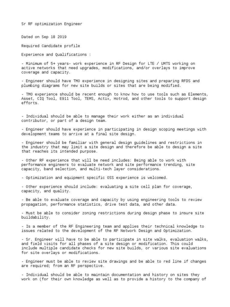 SR RF Optimization Engineer Job Description PDF Computer Network