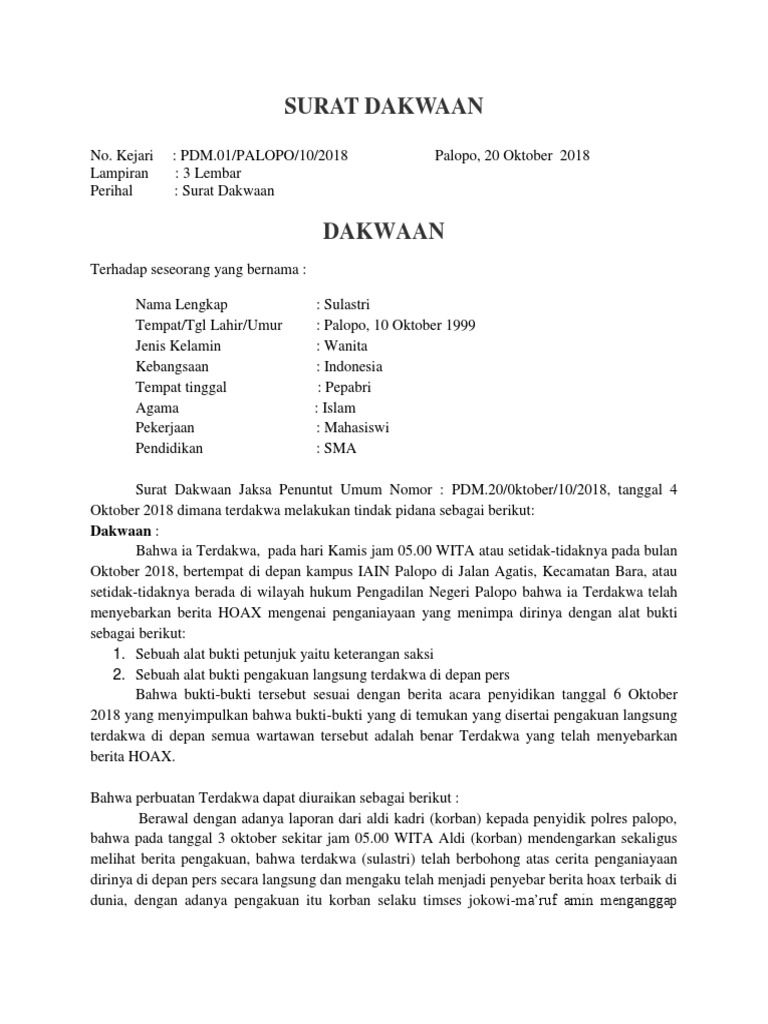 Contoh Surat Dakwaan 112008 tentang ITE atau Pasal 45 ayat 2 UU No.