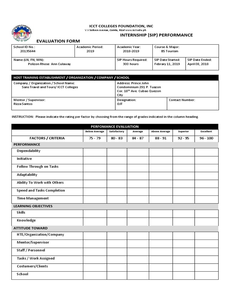 ICCT Internship Performance Evaluation Form | PDF | Education Theory ...