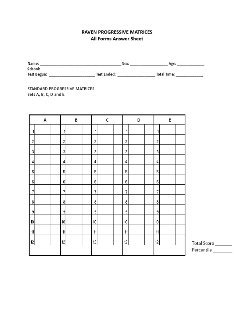 Raven Progressive Matrices Answer Sheet | PDF