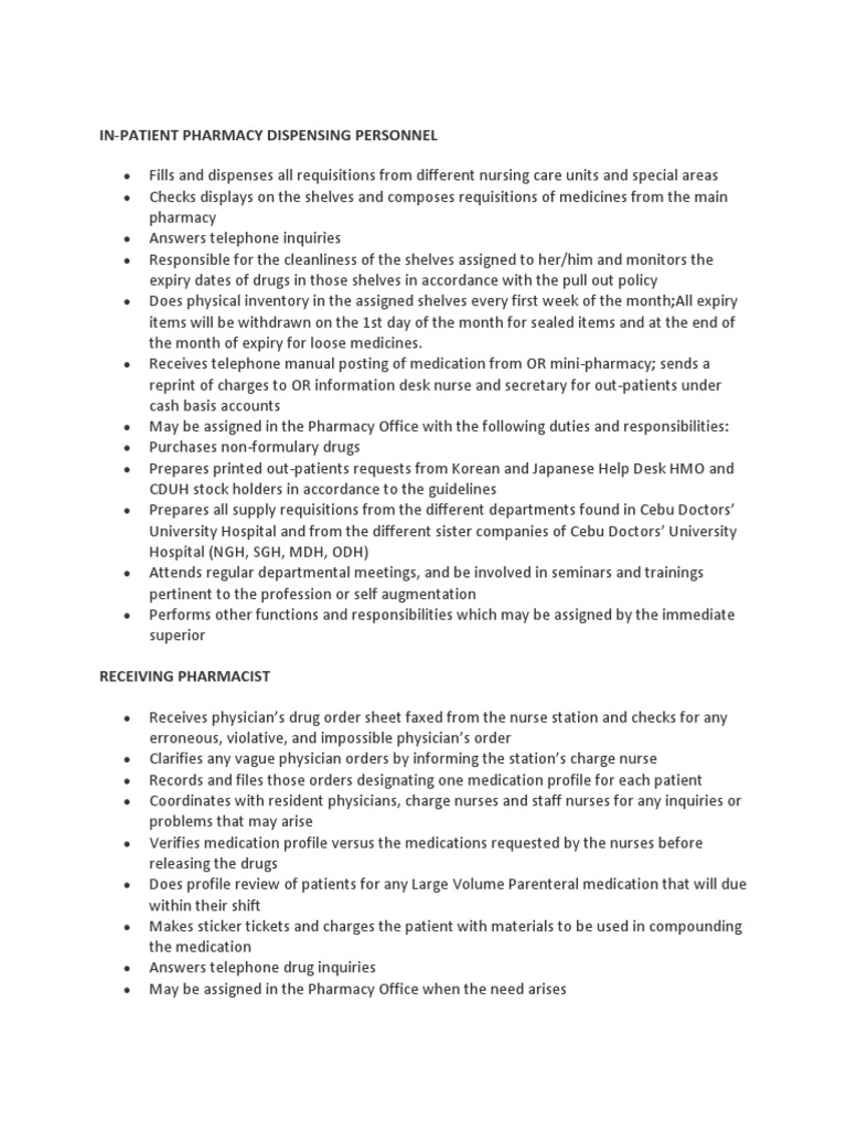 InPatient Pharmacy Dispensing Personnel PDF Pharmacy Leave Of