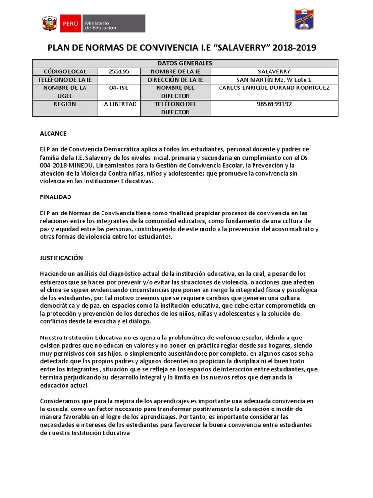 Plan de Normas de Convivencia Escolar 2018-2019 | PDF | Familia | Violencia