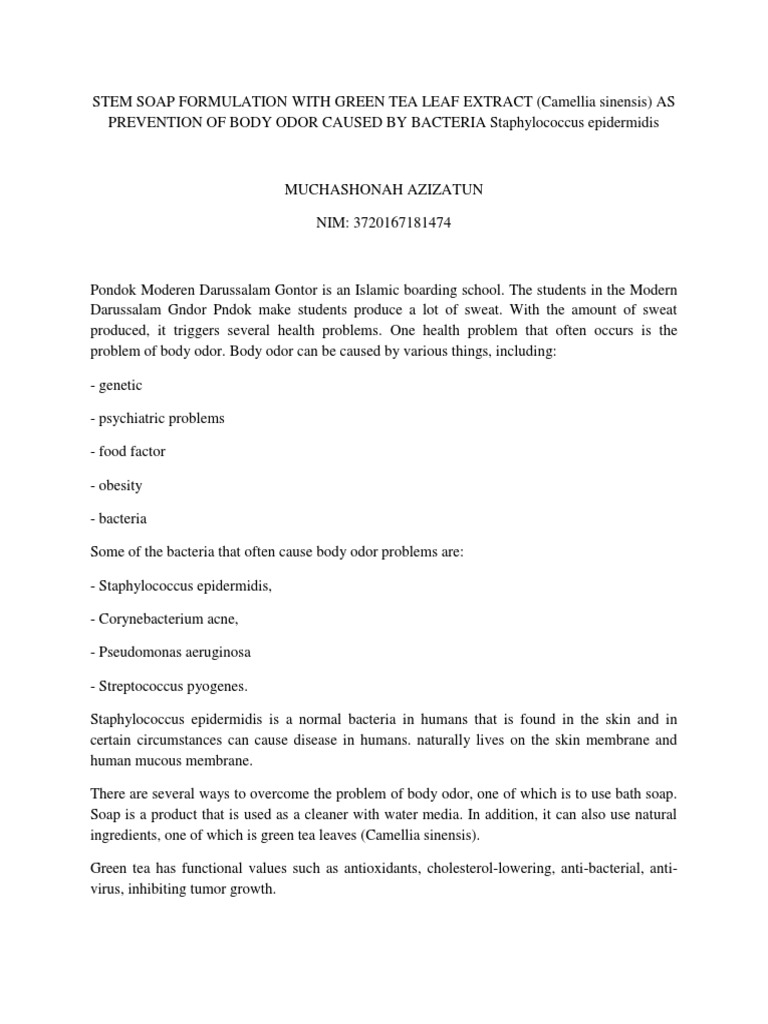 Bar Soap Formulation With Green Tea Leaf Extract PDF Staphylococcus