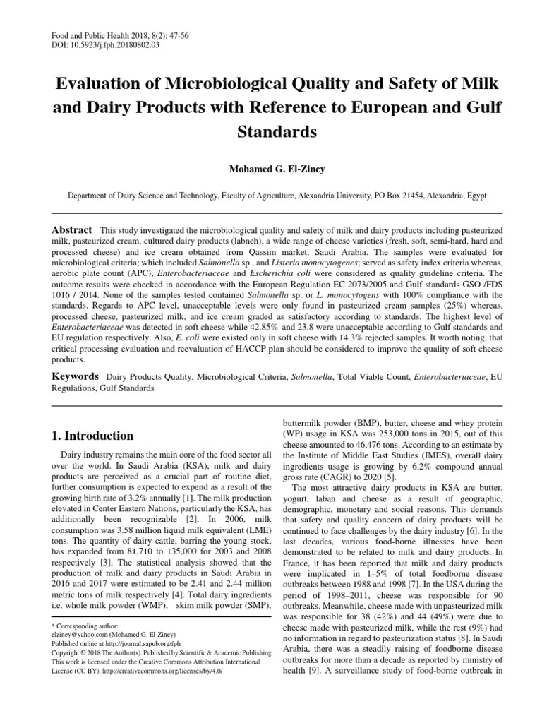 Evaluation of Microbiological Quality and Safety of Milk and Dairy