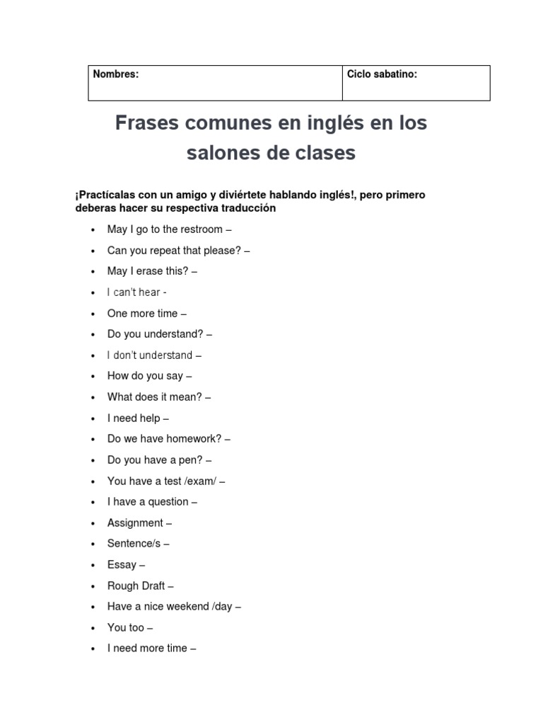 Common English Phrases for Classrooms | PDF | Language Arts ...