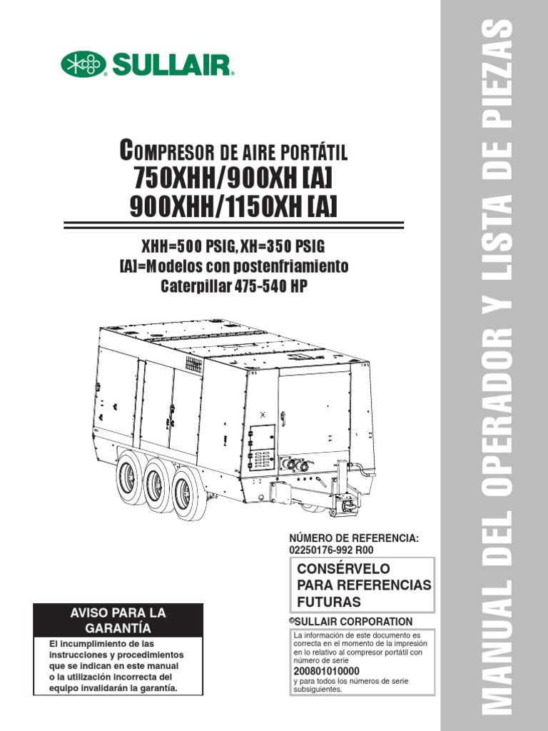 MANUAL Compresora Sullair 750XHH,900XH,900XHH,1150XH | Tornillo