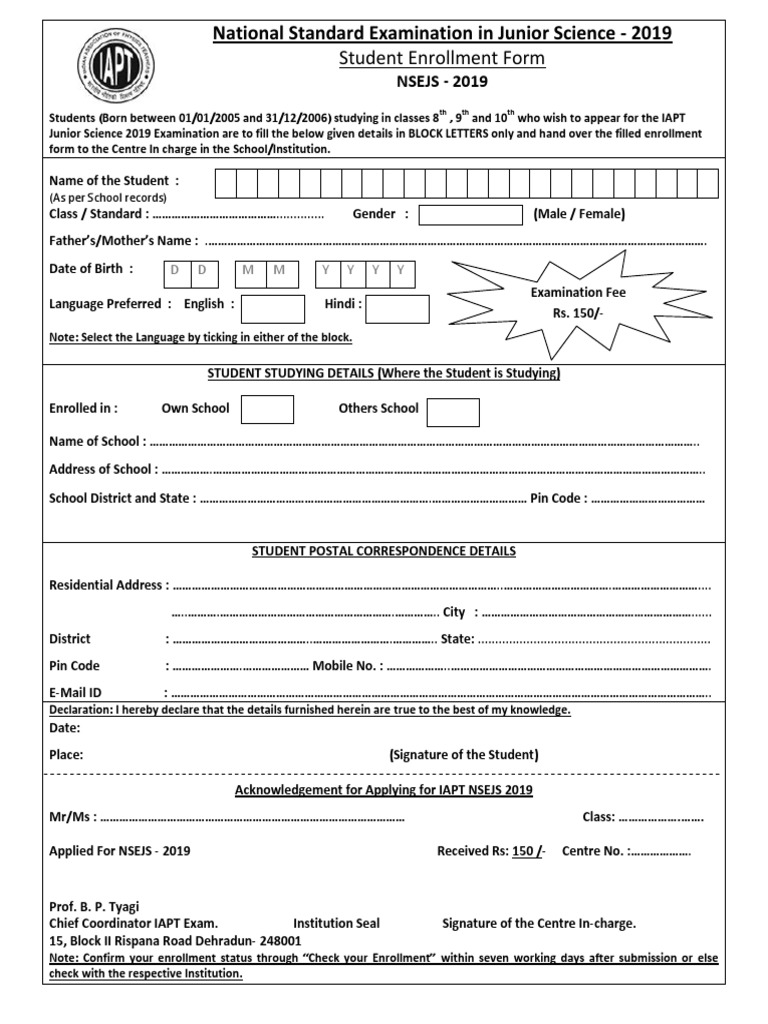 Enrollment Form NSEJS 2019 | PDF | Learning