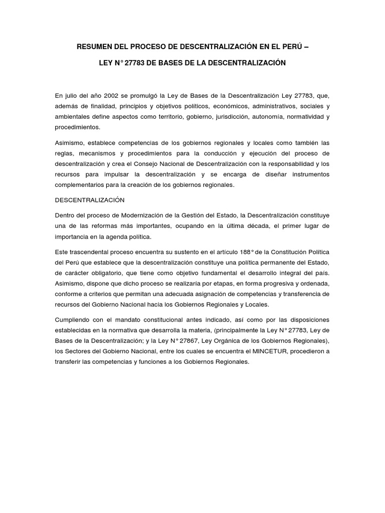 Resumen Del Proceso de Descentralización en El Peru | PDF
