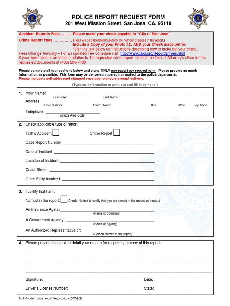 San Jose Police Report Request Form | PDF | Identity Document | Police