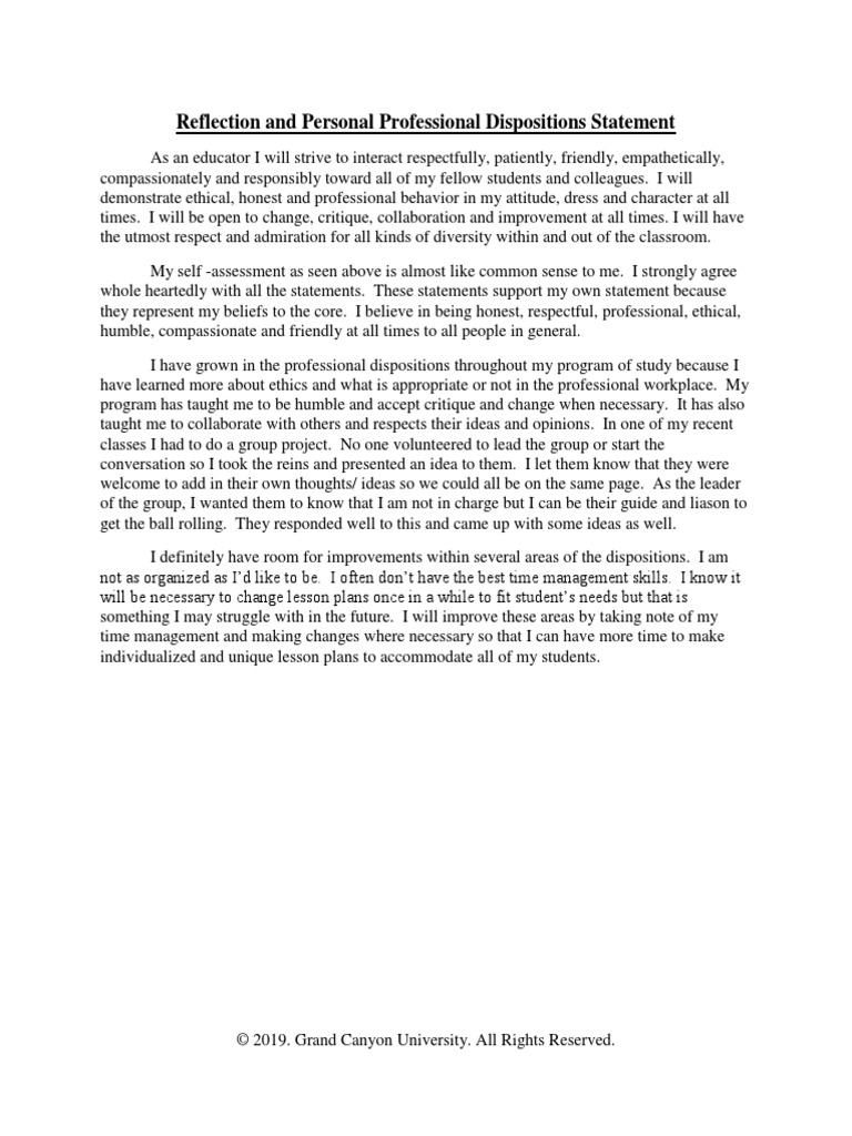 Reflection and Personal Professional Dispositions Statement | PDF ...