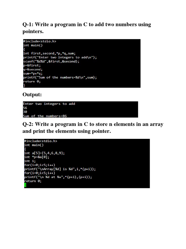 Q-1: Write A Program in C To Add Two Numbers Using Pointers | PDF