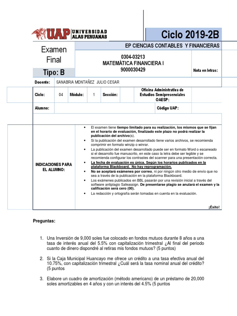 Examen de Matemática Financiera I | PDF | Finanzas Matemáticas | Interés